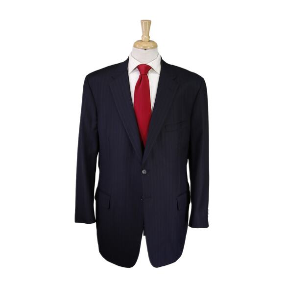 H. Freeman & Son Navy Blue Chalkstripe 2-Btn Wool Suit Hand Tailored 46R - Picture 1 of 9